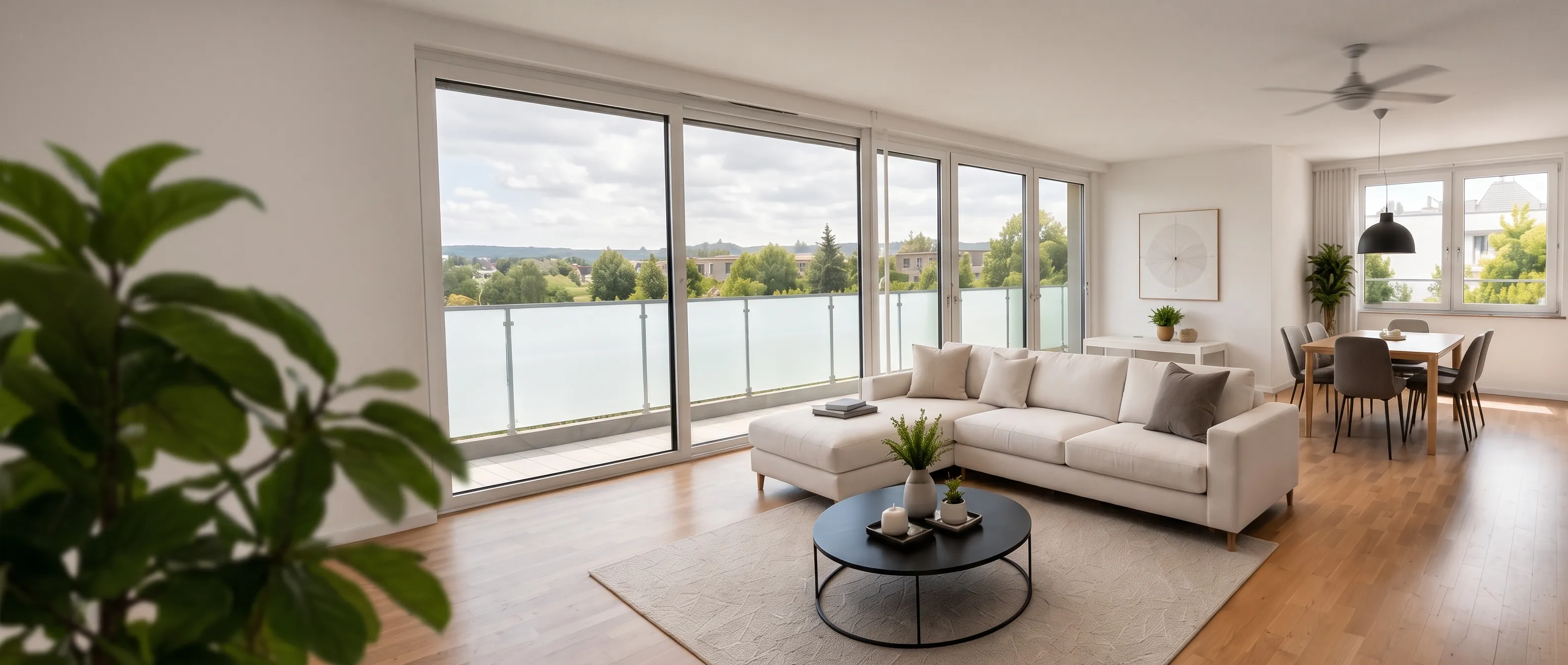 Helles, hochwertig ausgestattetes Wohnzimmer einer Mietwohnung in Stuttgart mit klassischen Parkettböden und großen Fenstern.